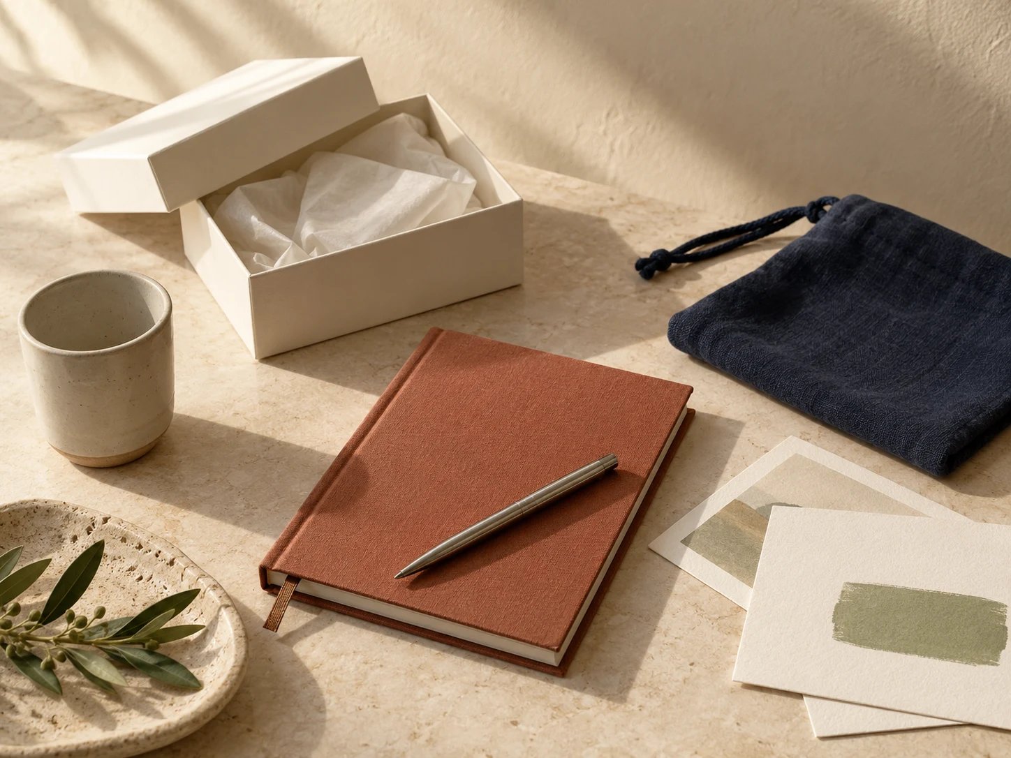 An ivory gift box, terracotta notebook, ceramic tumbler and navy pouch arranged on a sunlit stone table