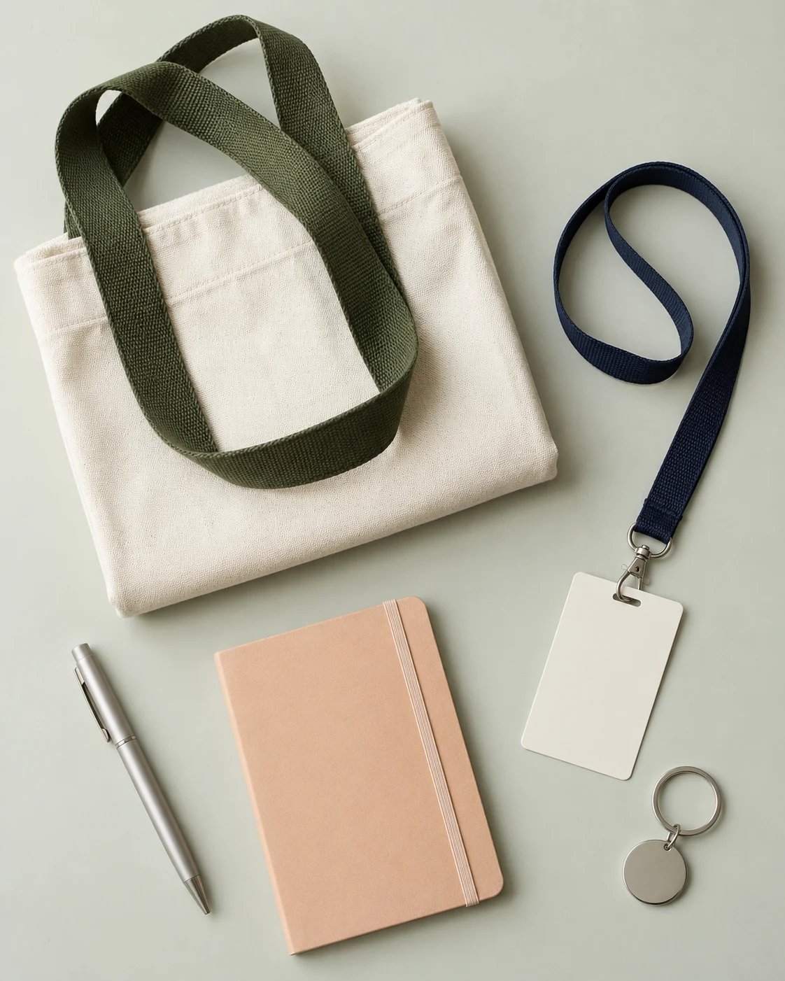 Ivory tote, navy lanyard, blank badge, apricot notebook and silver giveaway accessories in an airy overhead composition