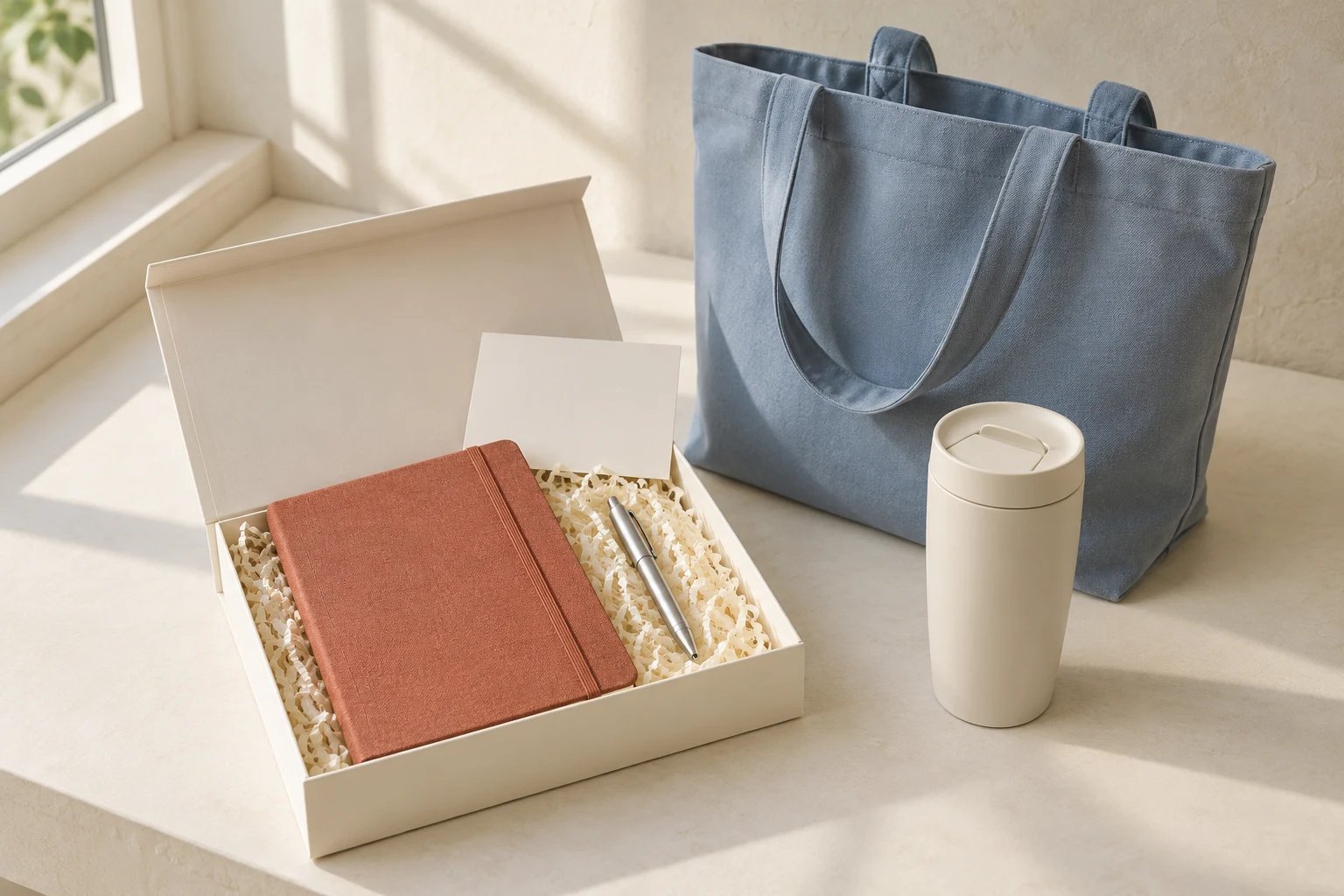 Dusty blue work tote, terracotta notebook, silver pen and cream tumbler arranged as an employee welcome gift on a sunlit ivory desk
