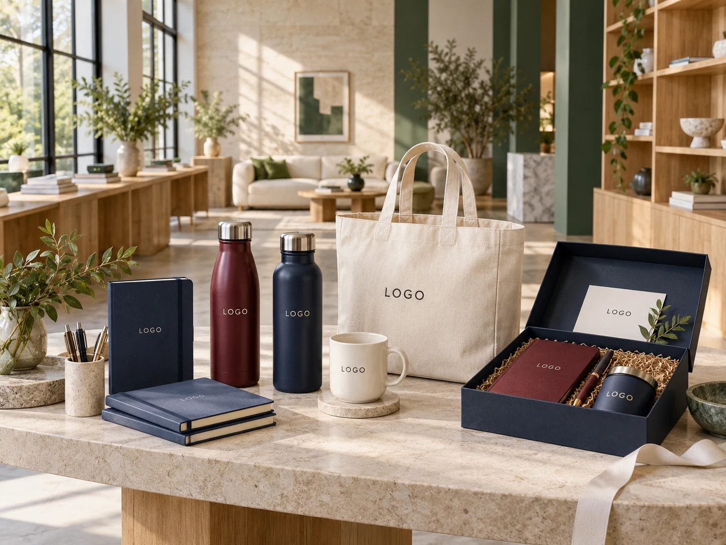 Burgundy and navy bottles, notebooks, a canvas tote and a gift box arranged in a warm, sunlit gift studio