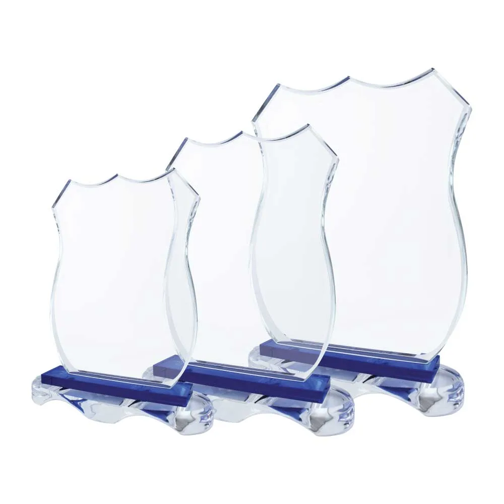 Curved Shield Crystal Award with Blue Base