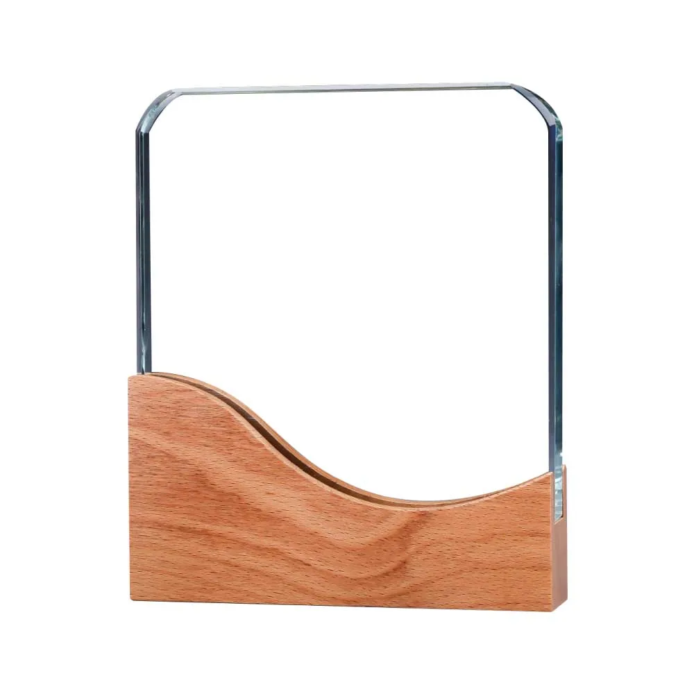 Square Crystal Award with Curved Wooden Base